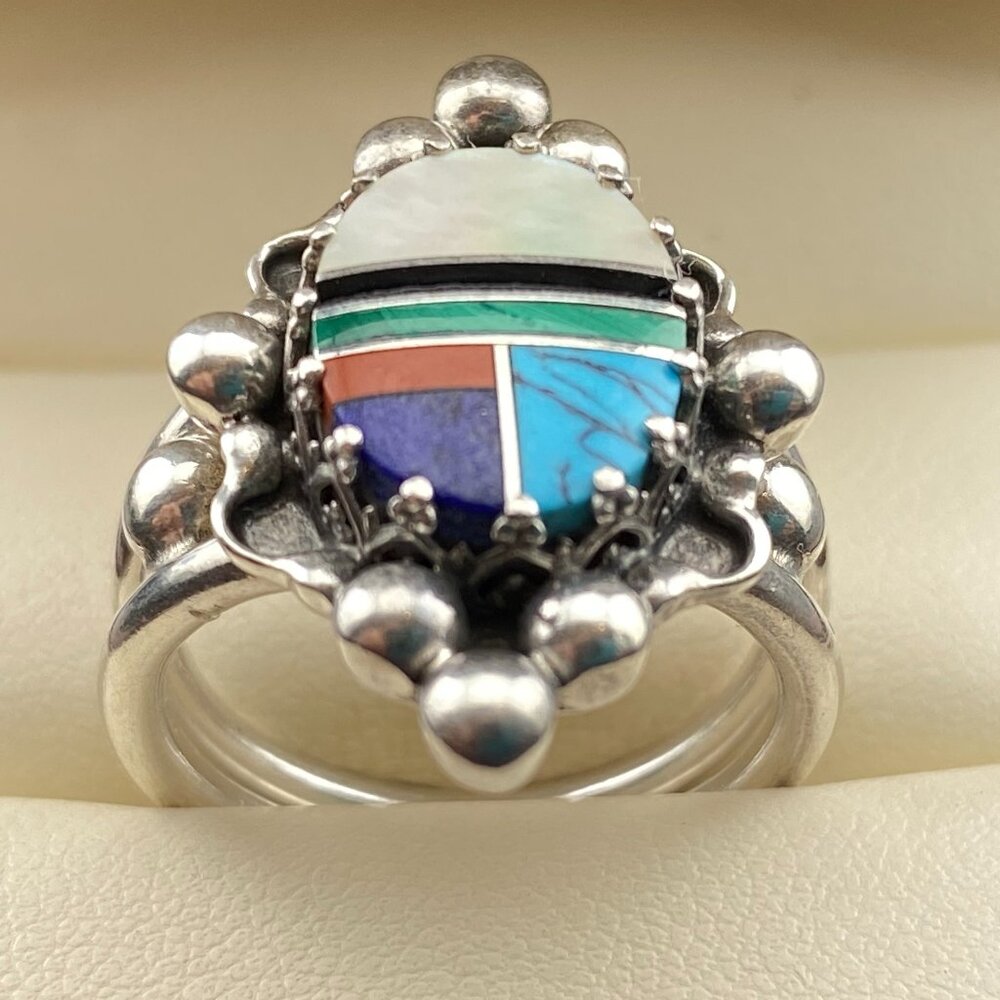 VTG Sterling Inlay Ring 925 Silver Sz. 8 Unmarked Native American - Turquoise